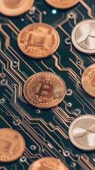 Gold and Silver Coins Resting on a Dark Printed Circuit Board with Interconnecting Copper Traces and Green Light photo