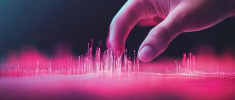 Hand touches glowing pink abstract cityscape. Futuristic network connection. Digital landscape with bright light on dark background. Data analysis concept. photo