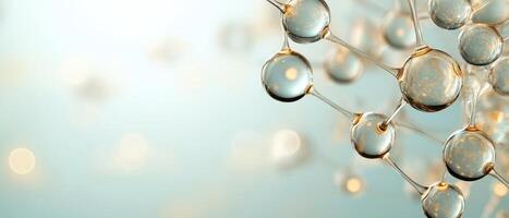 Glass spheres connected structure. Molecular model with translucent balls and shiny lights. Abstract element with blurred backdrop for technology or science concepts. photo