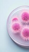 Pink spiky spheres inside petri dish. Microscopic organisms with spikes in clear container. Blue background with laboratory specimen for scientific research photo