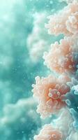 Abstract coral formation with soft pastel colors. Fuzzy shapes on turquoise background. Vertical nature element with bubbly appearance. Light and airy delicate texture photo