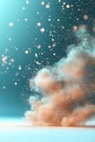 Dust cloud erupts upwards with glitter and sparkles against a blue gradient backdrop and glittery ground. Festive event celebration with magical shimmering particles photo