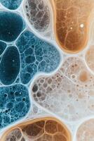 Organic shapes background. Blue and yellow cellular texture. Interconnected structure with bubbles and veins. Abstract pattern. Complex biological formation. Microscopic view. Fluid dynamics. photo
