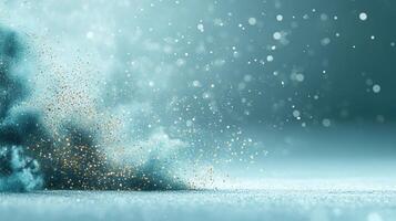 Gold glitter bursts from dust cloud. Blue blurred background with falling shiny sparkles. Sparkling particles on surface. Light abstract design element. photo