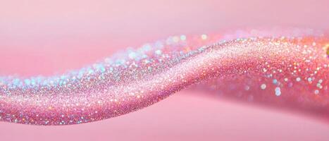 Pink shimmer flows gently. Bright sparkles glow with light over a soft, pastel backdrop. Elegant surface covered with glitter shines, catching small light drops. photo