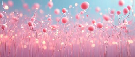 Pink spheres float over thin curved stems. Soft pastel colors with glowing particles. Abstract botanical background. Shallow depth of field. Dreamy and ethereal. photo
