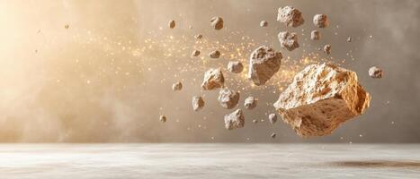Floating rocks suspended in air with glitter particles. Stones move above a plain surface. Brown background with light spots and dust elements. photo