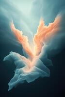 Abstract smooth clouds shapes. Glowing peach color on light blue hazy formations against dark background. Light source from above creating a heavenly feel. photo