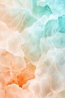 Abstract teal orange flowing forms. Liquid paint marble texture with flowing motion. Pastel colors with swirling clouds. Light and soft fluid background. photo
