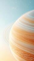 Giant planet with rings, orange and white banded atmosphere, floats in space, background with soft light, tiny stars sparkle. photo