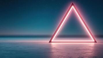 Glowing pink triangle outline stands on surface. Dark starry sky above. Light reflects off the plane. A futuristic geometric backdrop. photo