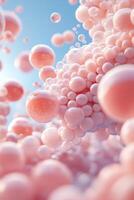 Pink spheres floating upward on light blue. Many round shapes clustered together, with some scattered above. Soft, delicate appearance of glossy materials. photo