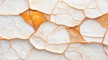 Overlapping white shell pieces form abstract pattern. Tan background seen between shell edges. Rough texture on stony material with organic feel. photo