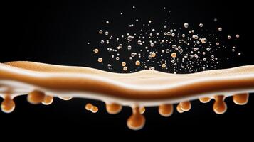 Golden liquid surface shows bubbles rising upwards against a dark background with drips below. Viscous fluid simulation abstract. photo
