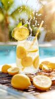 Lemon slices leap into a sparkling drink, surrounded by fresh lemons on a grill, embodying the joy of summer BBQ moments by the poolside photo