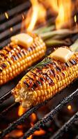 Enjoy the vibrant and mouth-watering sight of sweet corn on the cob being grilled to perfection with butter melting on top, set against a lively summer BBQ backdrop photo