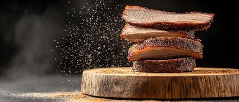 Tender smoked brisket slices seasoned to perfection, beautifully arranged on a rustic wooden board, perfect for any BBQ gathering or culinary event photo