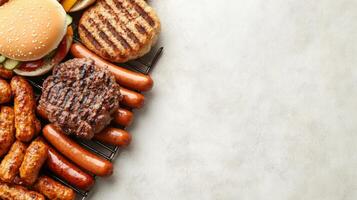 Delicious selection of grilled sausages, juicy burgers, and a chicken patty set on a barbecue grill, perfect for a summer cookout or family gathering photo