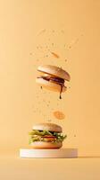 Delicious floating burgers topped with fresh ingredients and sauces showcase the innovative side of BBQ food presentation, highlighting flavors in a fun way photo