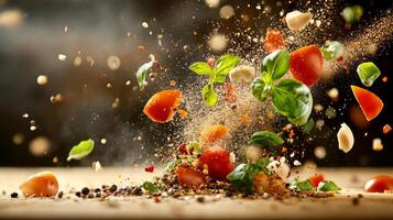 Fresh tomatoes, herbs, and spices burst into the air, showcasing the lively preparation of a barbecue feast, evoking appetizing anticipation and energy photo