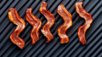 Deliciously cooked bacon strips lay perfectly on a grill, releasing irresistible smoky scents that evoke the joy of BBQ gatherings and summer fun photo