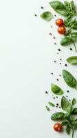 Fresh basil leaves and ripe cherry tomatoes are scattered alongside various peppercorns, perfect for enhancing BBQ dishes and summer meals with flavor photo