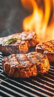 Enjoy the mouthwatering sight of perfectly grilled steaks cooking over an open flame, surrounded by the warm atmosphere of a summer barbecue gathering photo