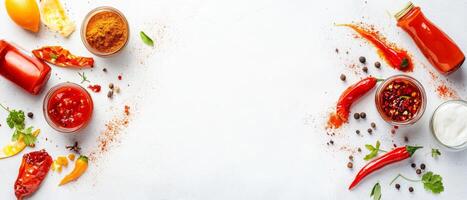 Various spicy sauces and fresh ingredients arranged on a clean white surface, perfect for enhancing barbecue dishes and summer grilling parties photo