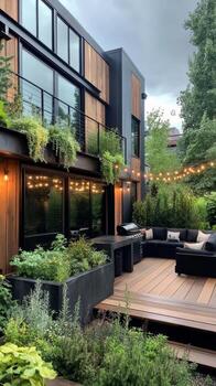 Spacious outdoor area features comfortable seating, a barbecue grill, and beautiful plants, creating an inviting atmosphere for relaxation and gatherings photo