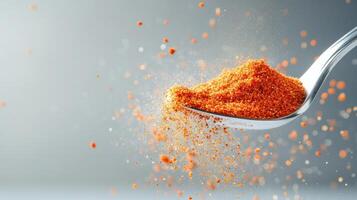 A close-up view captures a spoon filled with vibrant red spice as it releases a cloud of powder, showcasing its rich color and fine texture in motion photo