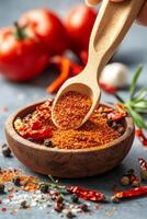 Chili powder is being carefully scooped with a wooden spoon as fresh tomatoes and herbs create a vibrant backdrop, adding flavor and color to cooking photo