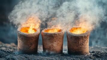 Crafted clay pots are heated over roaring flames in a rustic outdoor environment during golden hour, producing captivating smoke and fiery visuals that evoke warmth photo