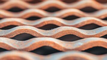 Close-up view of rusted metal waves highlights intricate textures and industrial design. The pattern evokes feelings of history and decay, perfect for artistic projects photo