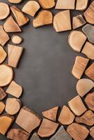 Wood slices of various shapes and sizes create a natural and rustic frame against a dark backdrop, perfect for showcasing art or crafting ideas photo