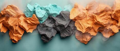 Textured rocks in vibrant colors of orange, black, and turquoise juxtaposed against a soft turquoise backdrop create a captivating visual effect enhanced by smoke photo
