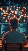 Back view of person looking at glowing screen with code. Bokeh lights appear in background. Represents neural networks. photo