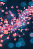 Abstract strands glow with connection points. Blue and pink lights shine within networks. Dark background evokes neural systems. photo