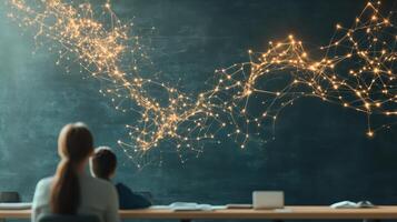 Glowing Neural Networks Display on Wall as People Watch. Connected Data Points form Network Pattern on Dark Surface. Digital Connection of Neural System. photo