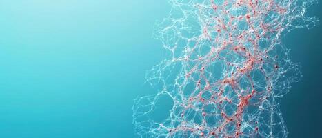Abstract linked points on blue backdrop. Complex interconnected structure. Glowing nodes and lines representing neural networks with copy space. photo