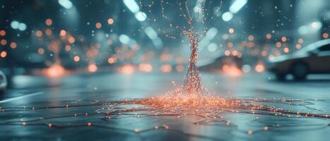 Connected orange nodes form abstract network tree on reflective surface. Bright bokeh background. Symbolizes neural networks. Artificial intelligence concept. photo