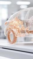 Car outline on table. Dotted structure forms neural network. White background. Technology concept. Wireframe design for vehicle. photo