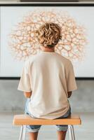 Person sits viewing abstract neural network structure. Blonde hair. Light background. Interior setting. Network visual representation. photo