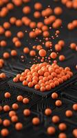 Orange spheres gather on a dark circuit board. Small dots float above connected neural networks. A modern depiction of computing power. photo
