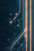 Glowing lines depict networks. Golden light points scatter along dark space. Curving streams radiate to create data connections. photo