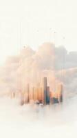 Cityscape emerges amid soft clouds. Towers reach upward. Network connects building tops. Golden light glows on surfaces. Ethereal network connections with neural structure. photo