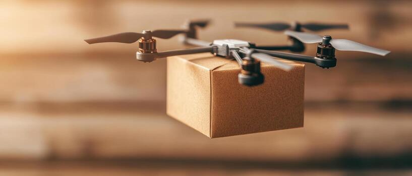 Drone carries brown box. Quadcopter flies with carton package. Air delivery system. Unmanned aerial vehicle transports. Networks concepts. Modern technology delivers item. photo