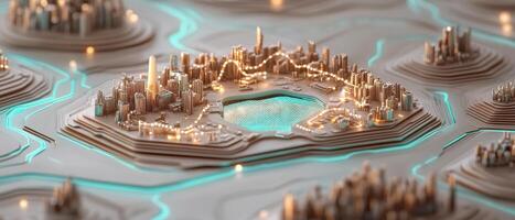 Complex Networks Artificial Landscape with Data Flow, Connected Structures and Neural Networks. Futuristic City with Glowing Details and Geometric Design photo