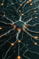 Abstract neural network with glowing nodes connected by lines. Artificial intelligence deep learning system on dark background. Technology brain structure. photo