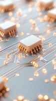 Shiny Integrated Circuits on a Gray Surface, Illustrating Neural Networks with Connected Golden Pins and Faint Glowing Lights photo