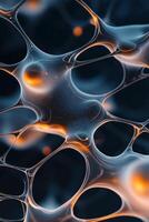 Abstract neural networks concept. Interconnected nodes glow within complex mesh on dark backdrop. Intricate web shows technology with bright highlights. photo